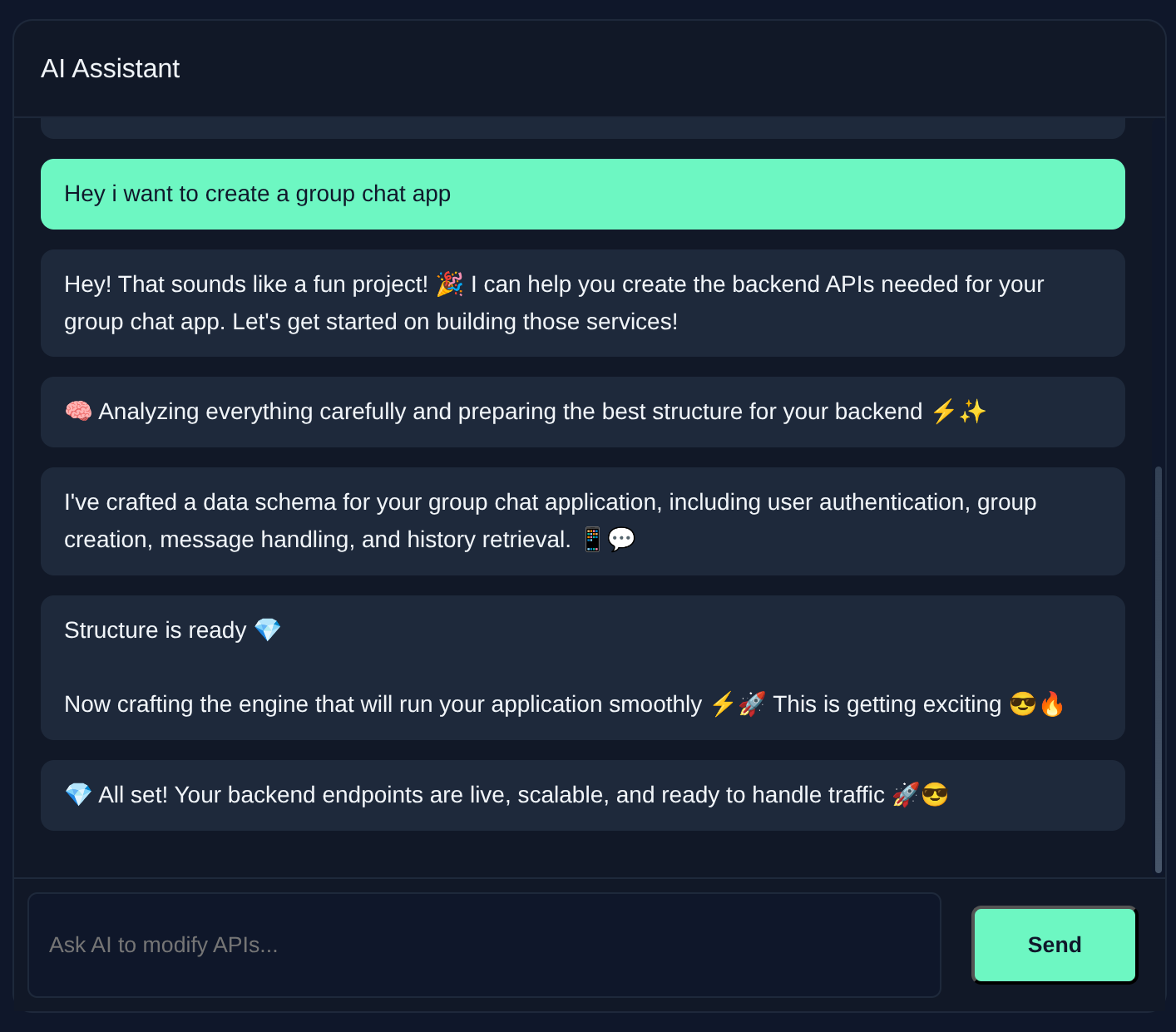AI backend builder chat interface generating APIs
