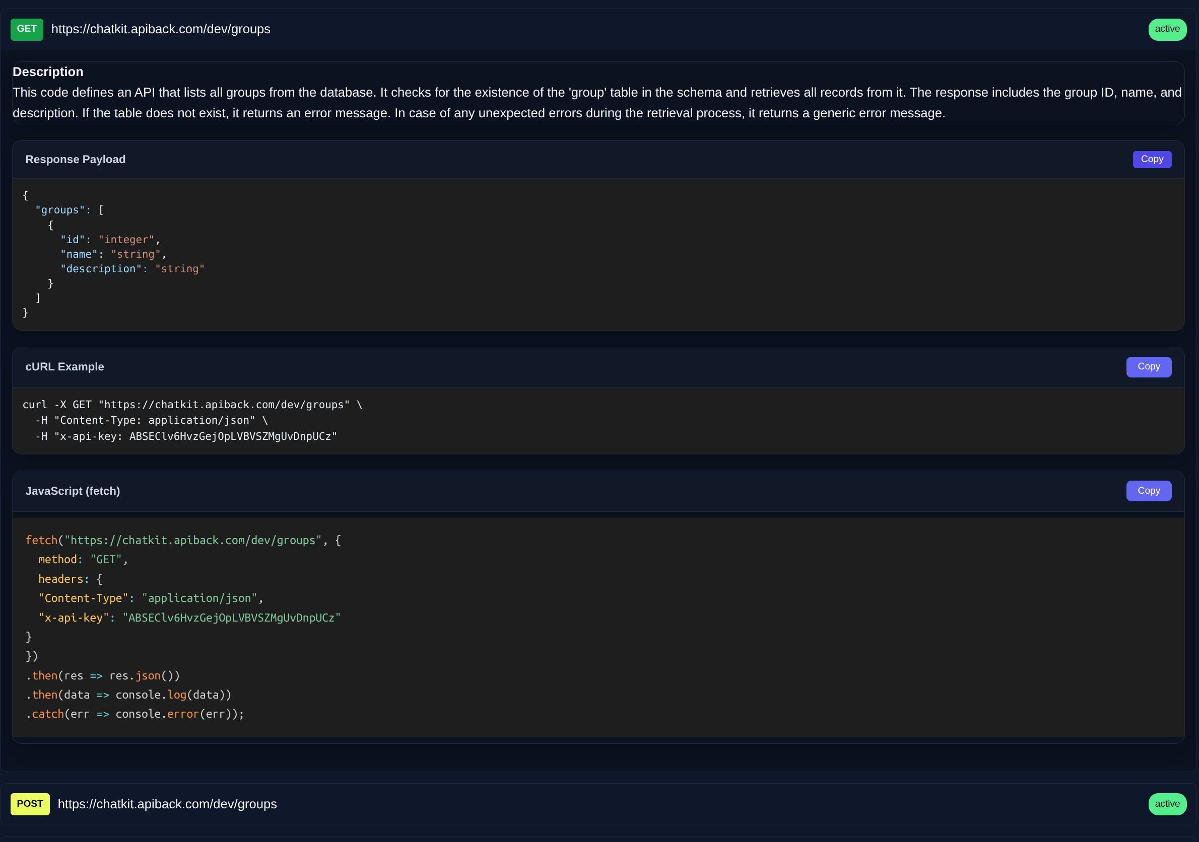 Production-ready API documentation generated by apiback